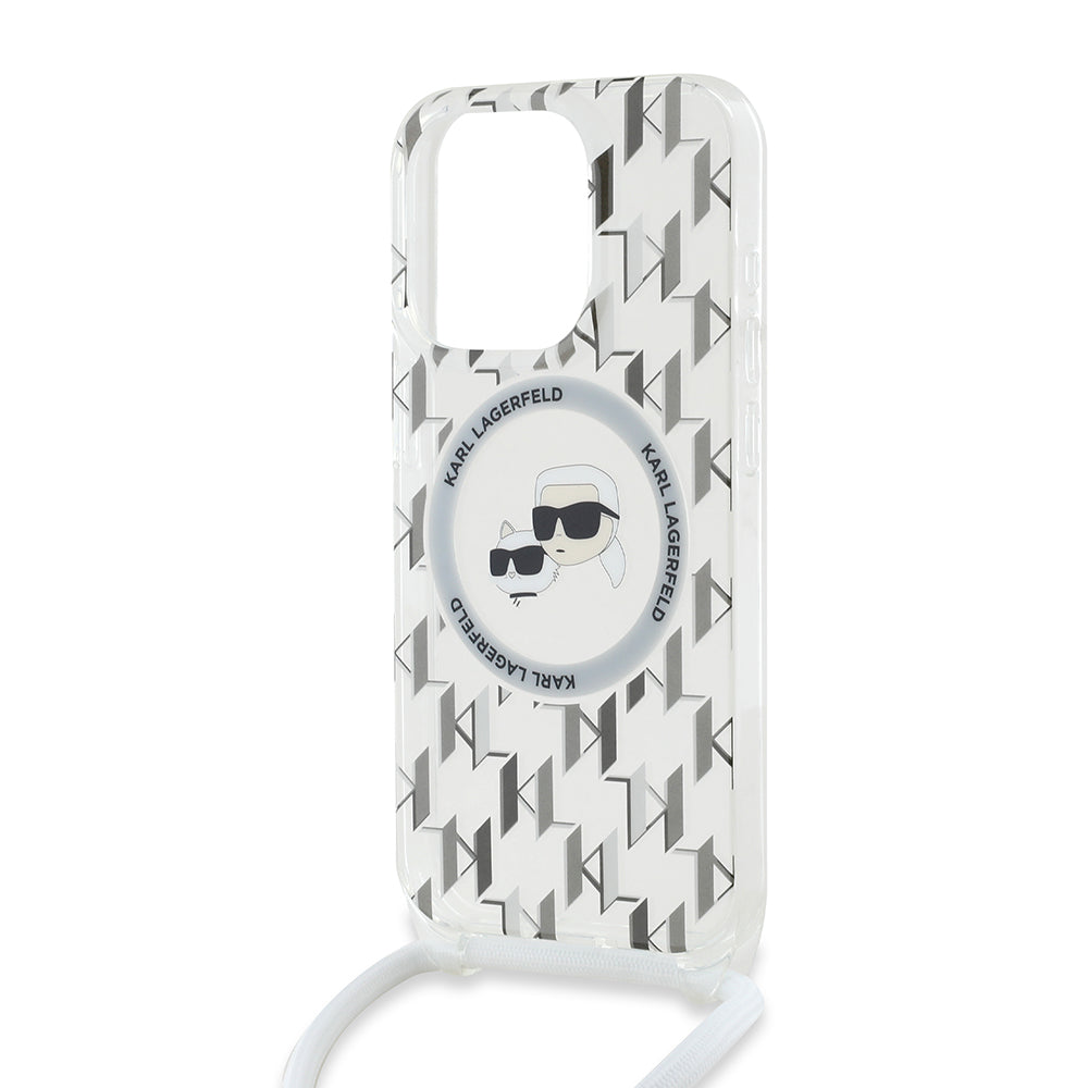 Ovitek MagSafe za Apple iPhone 15 Pro Max, Karl Lagerfeld, IML Crossbody Monogram Karl & Choupette's Heads, Prozoren