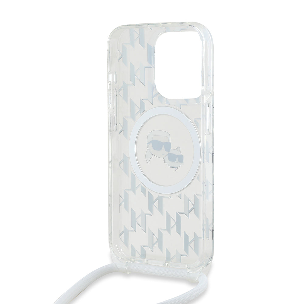 Ovitek MagSafe za Apple iPhone 15 Pro Max, Karl Lagerfeld, IML Crossbody Monogram Karl & Choupette's Heads, Prozoren