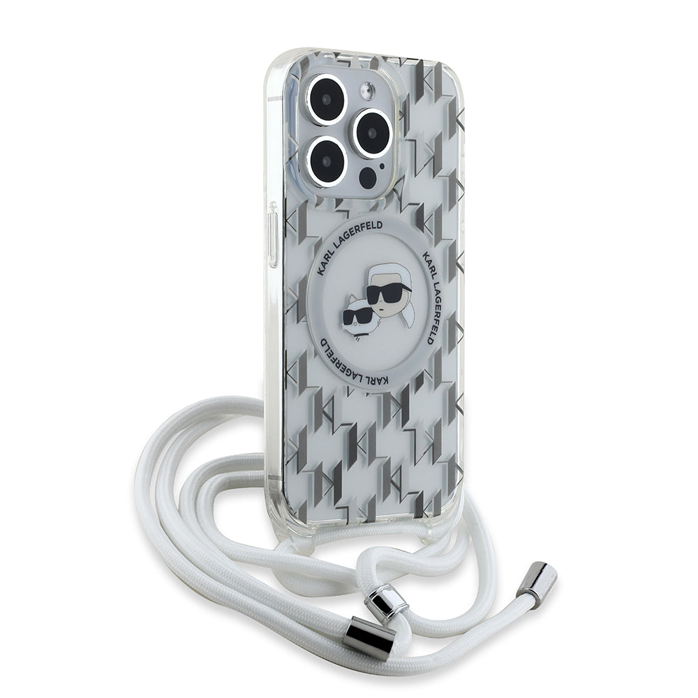 Ovitek MagSafe za Apple iPhone 15 Pro Max, Karl Lagerfeld, IML Crossbody Monogram Karl & Choupette's Heads, Prozoren