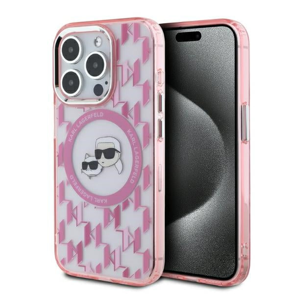 Ovitek MagSafe za Apple iPhone 15 Pro Max, Karl Lagerfeld, IML Monogram Karl & Choupette's Heads, Roza