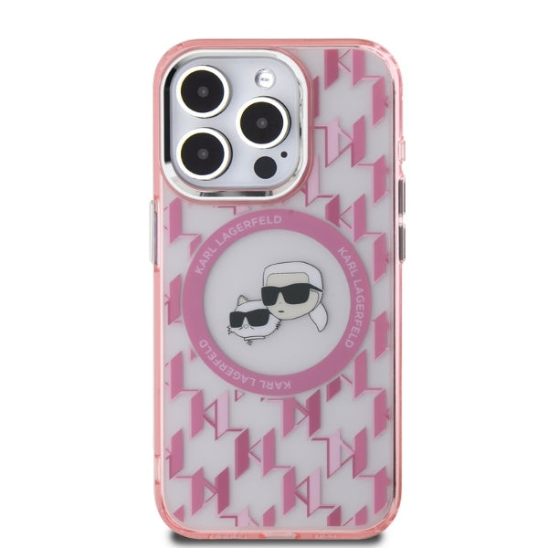 Ovitek MagSafe za Apple iPhone 15 Pro Max, Karl Lagerfeld, IML Monogram Karl & Choupette's Heads, Roza