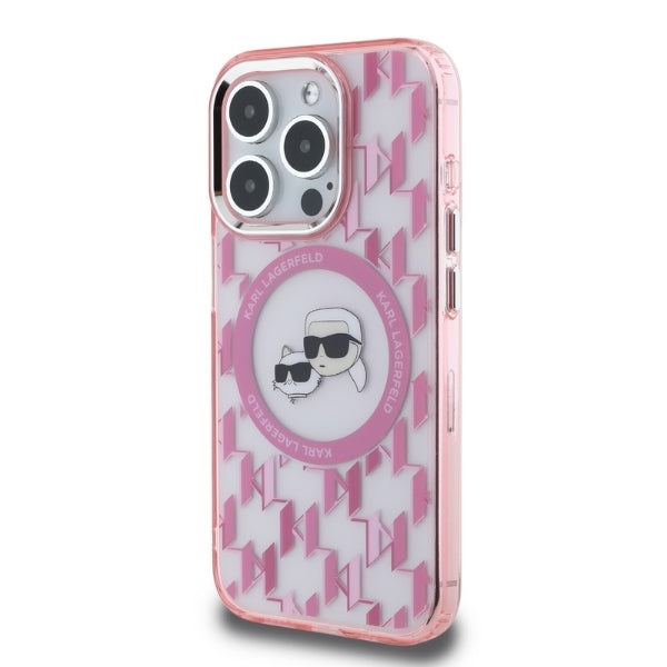 Ovitek MagSafe za Apple iPhone 15 Pro Max, Karl Lagerfeld, IML Monogram Karl & Choupette's Heads, Roza