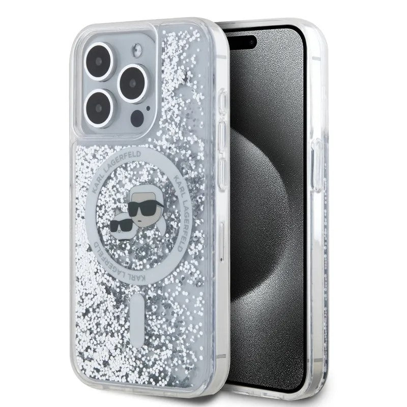 Ovitek MagSafe za Apple iPhone 15 Pro Max, Karl Lagerfeld, Liquid Glitter Karl & Choupette's Heads, Prozoren