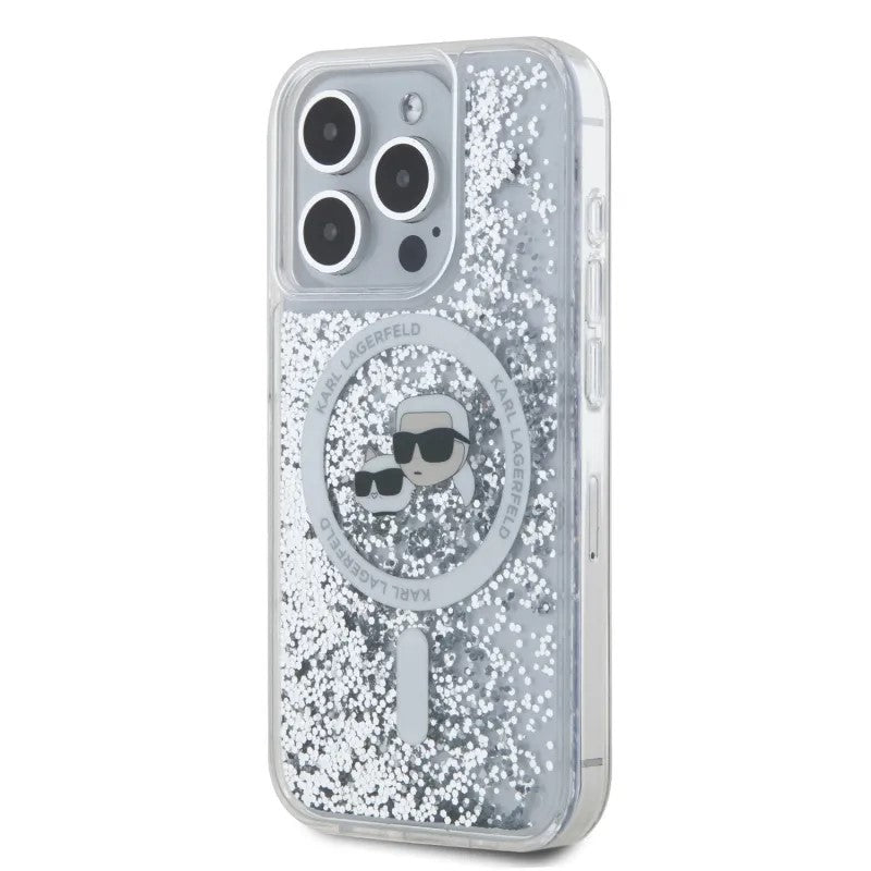 Ovitek MagSafe za Apple iPhone 15 Pro Max, Karl Lagerfeld, Liquid Glitter Karl & Choupette's Heads, Prozoren