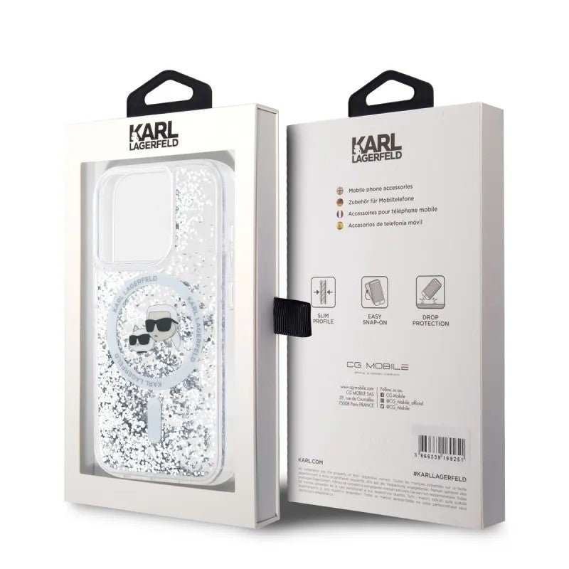 Ovitek MagSafe za Apple iPhone 15 Pro Max, Karl Lagerfeld, Liquid Glitter Karl & Choupette's Heads, Prozoren