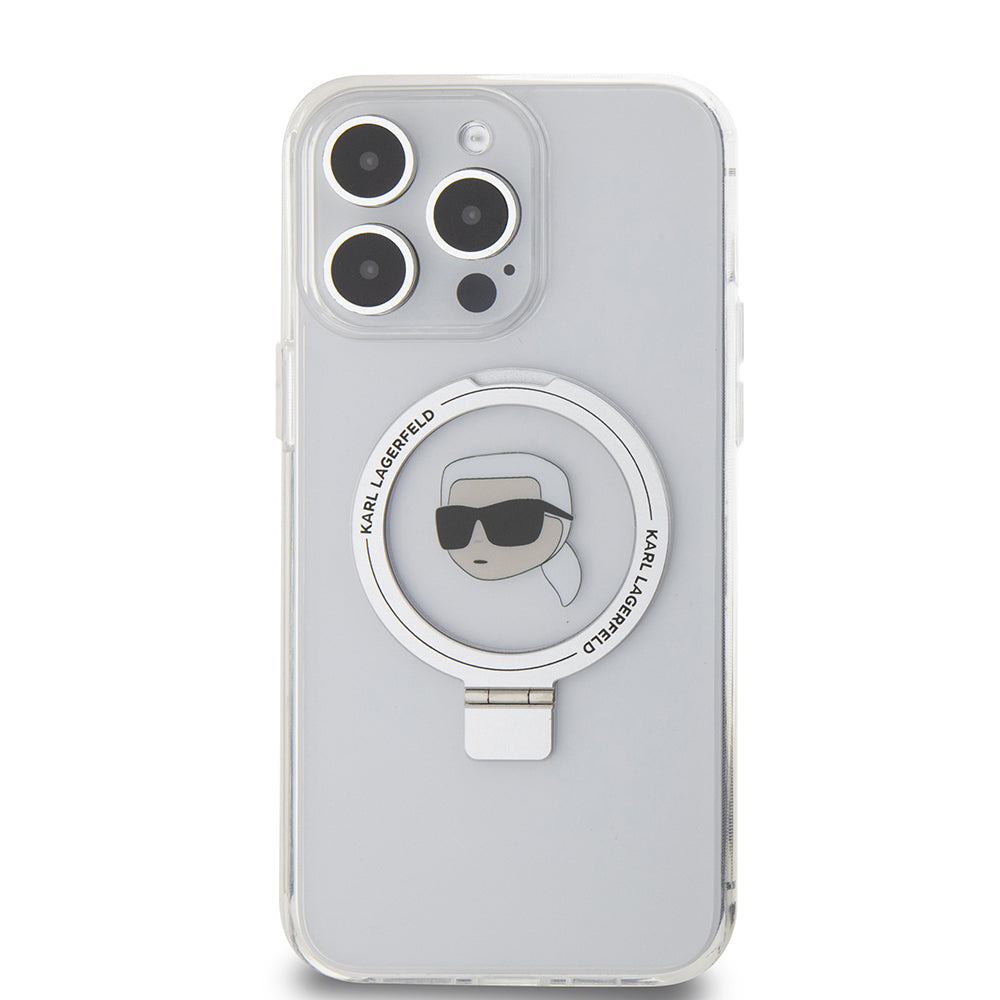 MagSafe Case for Apple iPhone 15 Pro Max, Karl Lagerfeld, Ring Stand Karl's Head, White