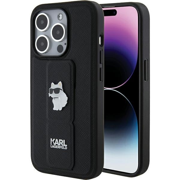 Ovitek MagSafe za Apple iPhone 15 Pro Max, Karl Lagerfeld, Saffiano Gripstand Choupette, črn.
