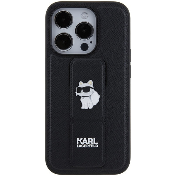 Ovitek MagSafe za Apple iPhone 15 Pro Max, Karl Lagerfeld, Saffiano Gripstand Choupette, črn.