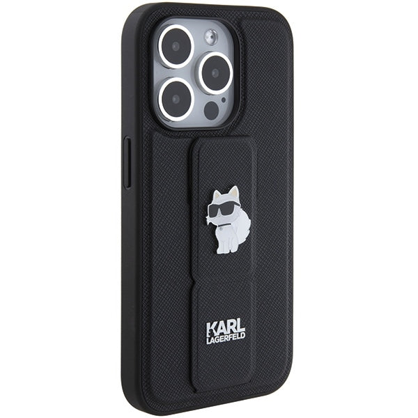 Ovitek MagSafe za Apple iPhone 15 Pro Max, Karl Lagerfeld, Saffiano Gripstand Choupette, črn.