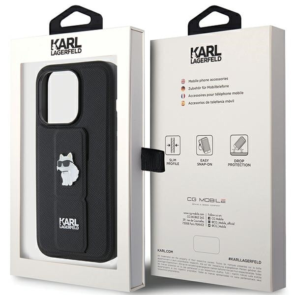 Ovitek MagSafe za Apple iPhone 15 Pro Max, Karl Lagerfeld, Saffiano Gripstand Choupette, črn.