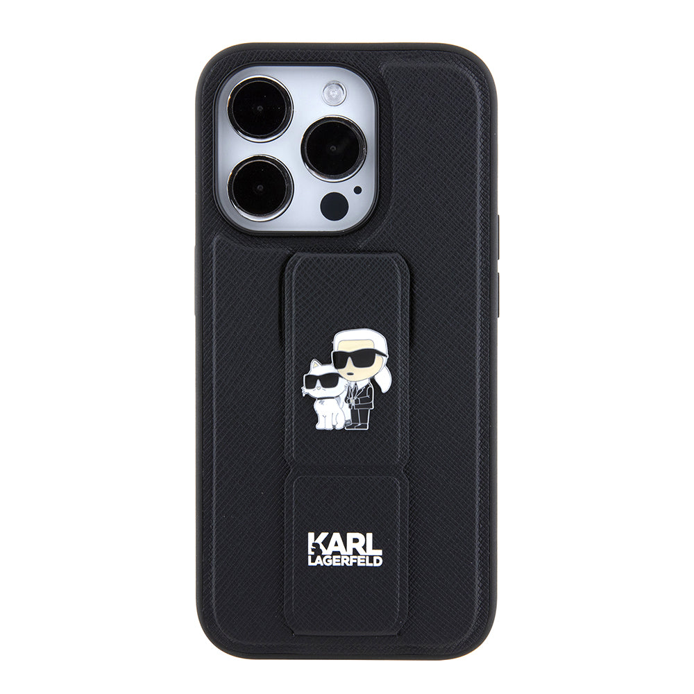 Ovitek MagSafe za Apple iPhone 15 Pro Max, Karl Lagerfeld, Saffiano Gripstand Karl & Choupette, črn