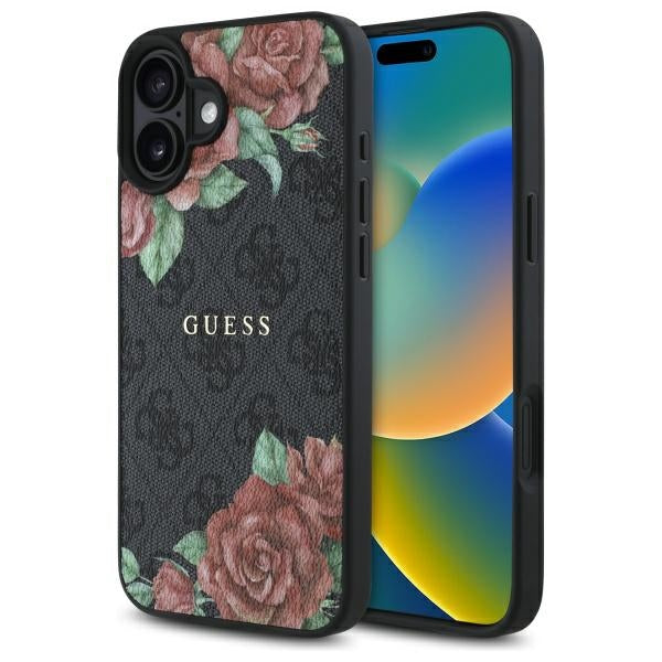 MagSafe ovitek za Apple iPhone 16, Guess, 4G Flowers Print, črn