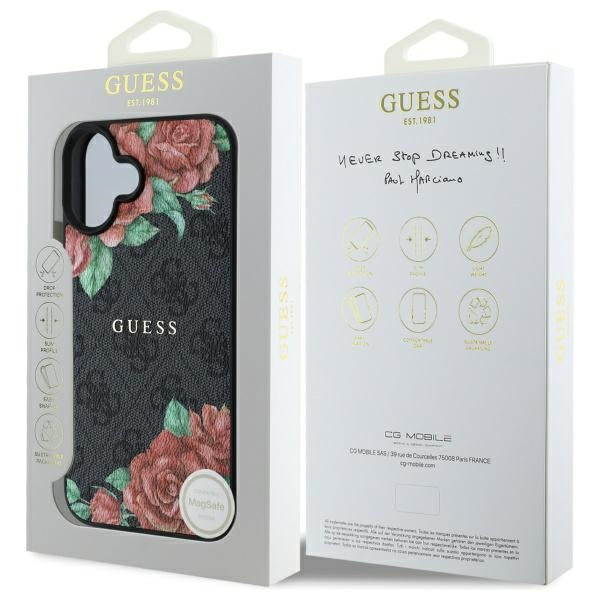 MagSafe ovitek za Apple iPhone 16, Guess, 4G Flowers Print, črn
