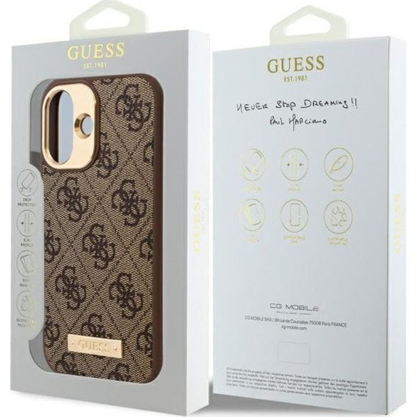 MagSafe ovitek za Apple iPhone 16, Guess, 4G Logo Plate, rjava