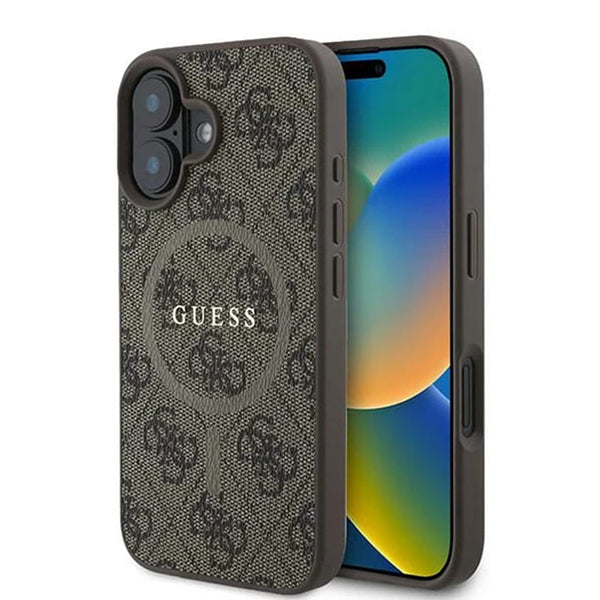 MagSafe ovitek za Apple iPhone 16, Guess, 4G Ring Classic Logo, rjava