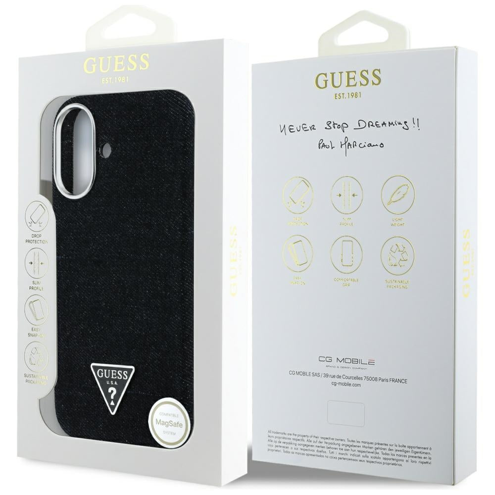 Ovitek MagSafe za Apple iPhone 16, Guess, Denim Triangle Logo, Črn