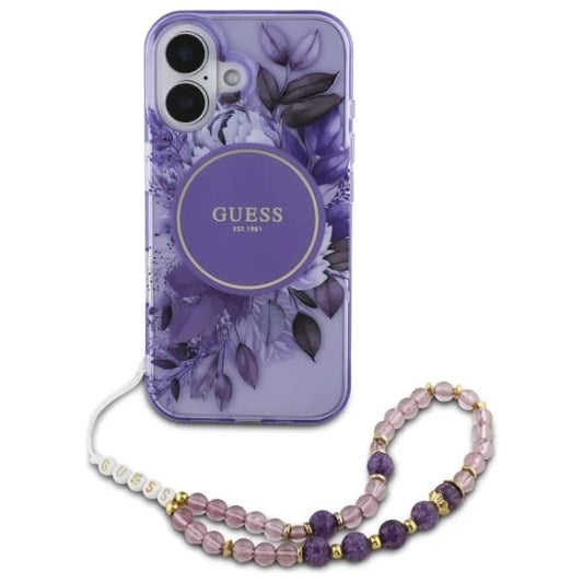 Ovitek MagSafe za Apple iPhone 16, Guess, IML Flowers with Pearl Strap, Vijolična
