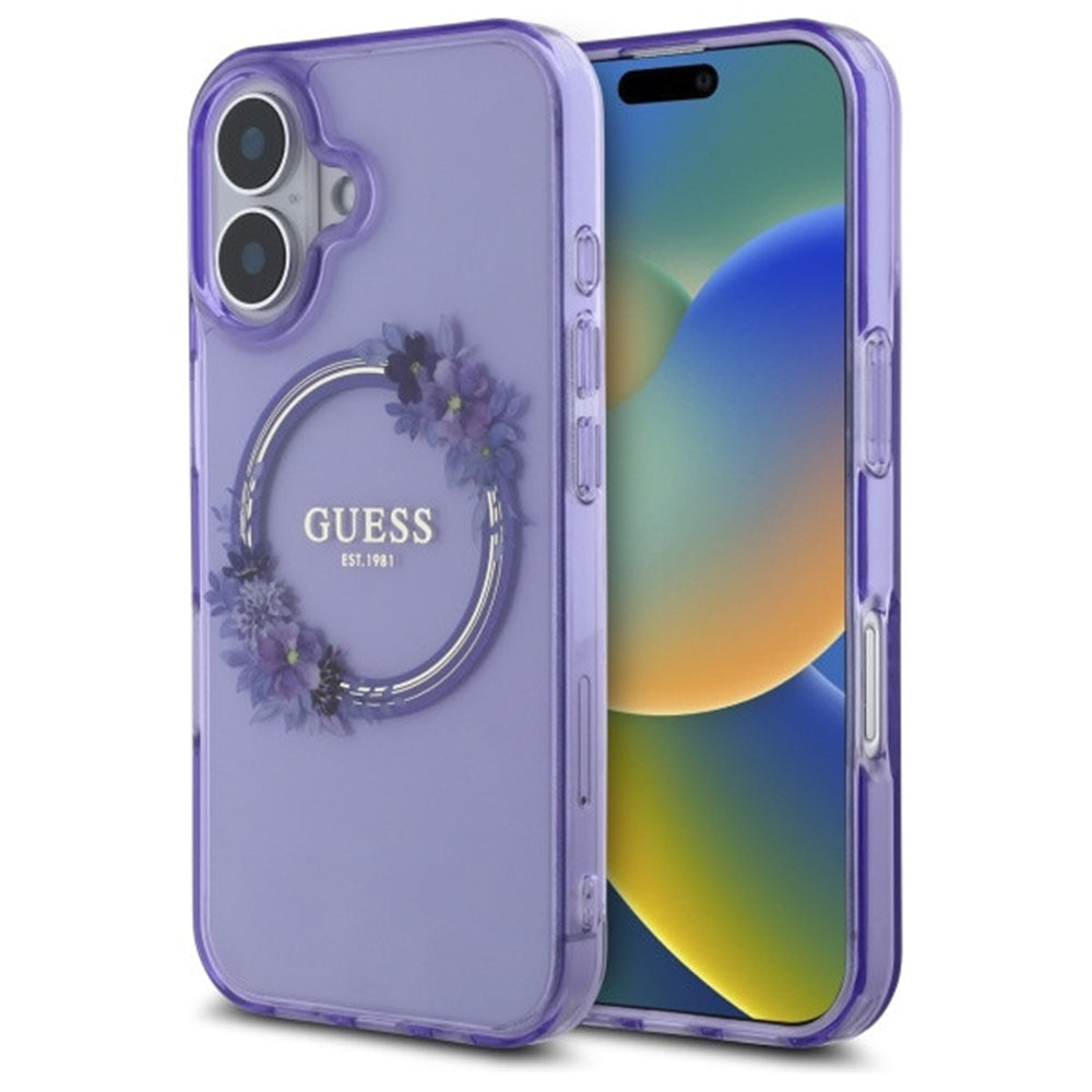 Ovitek MagSafe za Apple iPhone 16, Guess, IML Flowers Wreath, Vijolična