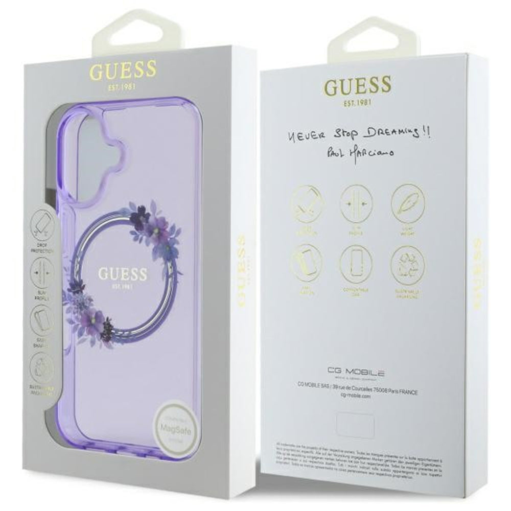 Ovitek MagSafe za Apple iPhone 16, Guess, IML Flowers Wreath, Vijolična