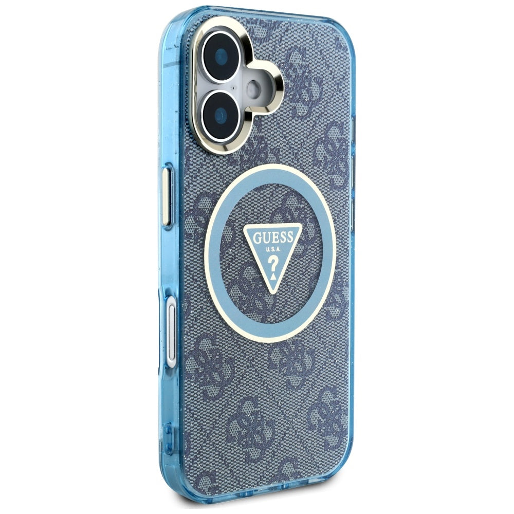 MagSafe ovitek za Apple iPhone 16, Guess, IML Glitter 4G Circle Triangle, Modra
