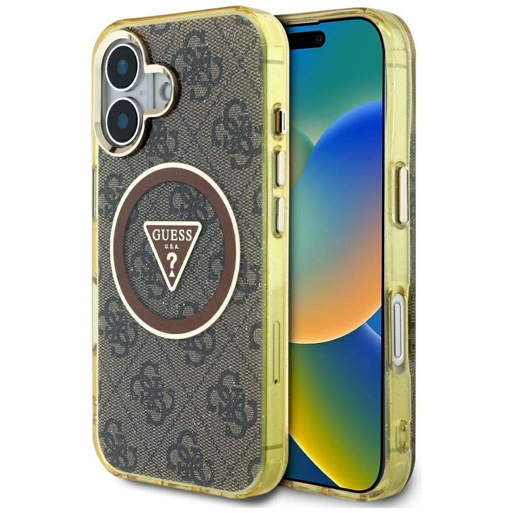 Ovitek MagSafe za Apple iPhone 16, Guess, IML Glitter 4G Circle Triangle, rjava