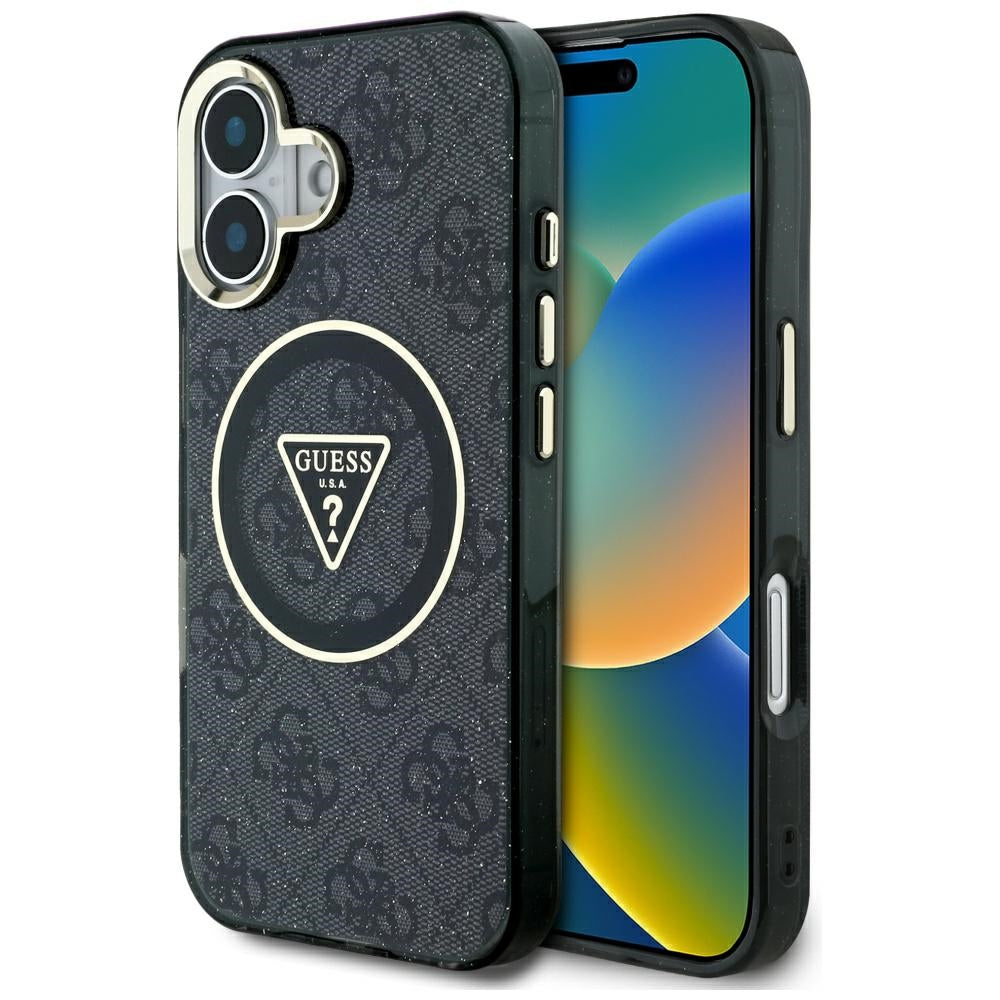 Ovitek MagSafe za Apple iPhone 16, Guess, IML Glitter 4G Circle Triangle, črn