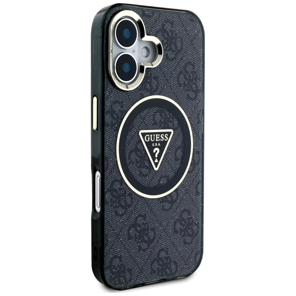 Ovitek MagSafe za Apple iPhone 16, Guess, IML Glitter 4G Circle Triangle, črn
