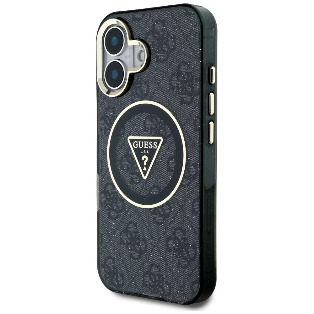 Ovitek MagSafe za Apple iPhone 16, Guess, IML Glitter 4G Circle Triangle, črn