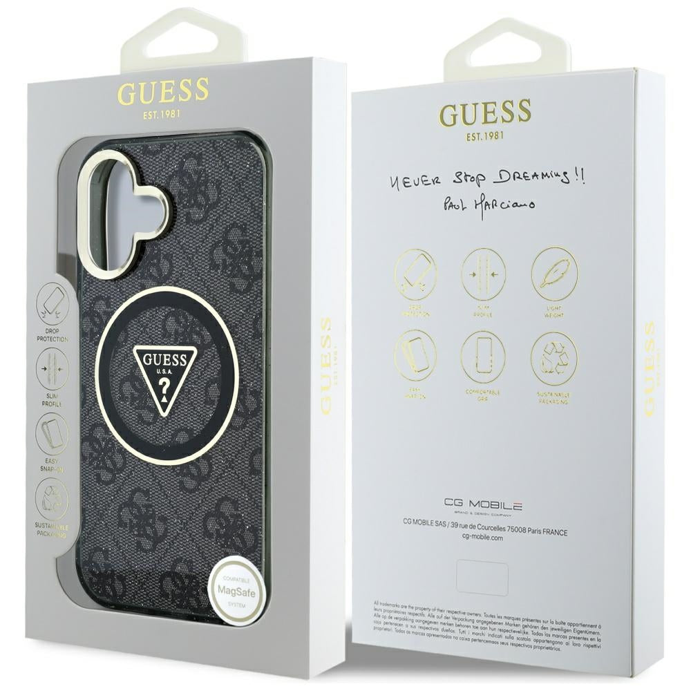 Ovitek MagSafe za Apple iPhone 16, Guess, IML Glitter 4G Circle Triangle, črn