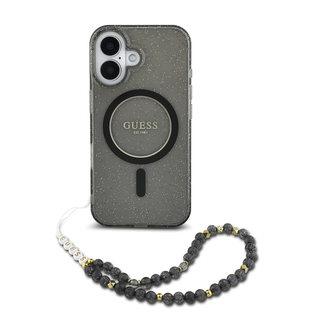 Ovitek MagSafe za Apple iPhone 16, Guess, IML Glitter with Pearl Strap, črn