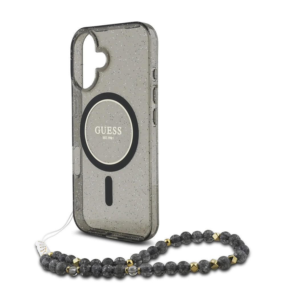 Ovitek MagSafe za Apple iPhone 16, Guess, IML Glitter with Pearl Strap, črn