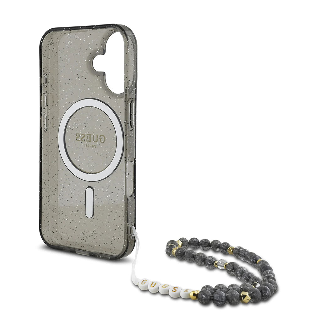 Ovitek MagSafe za Apple iPhone 16, Guess, IML Glitter with Pearl Strap, črn