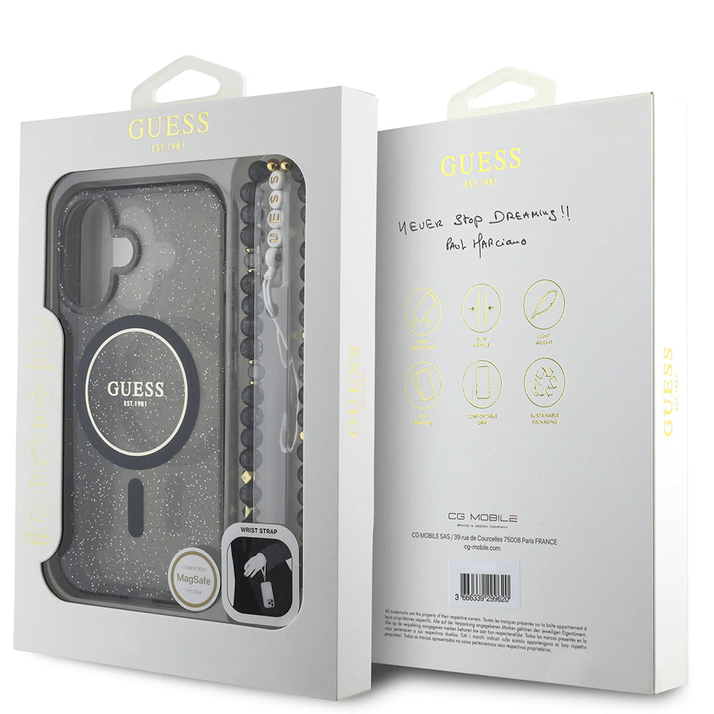 Ovitek MagSafe za Apple iPhone 16, Guess, IML Glitter with Pearl Strap, črn
