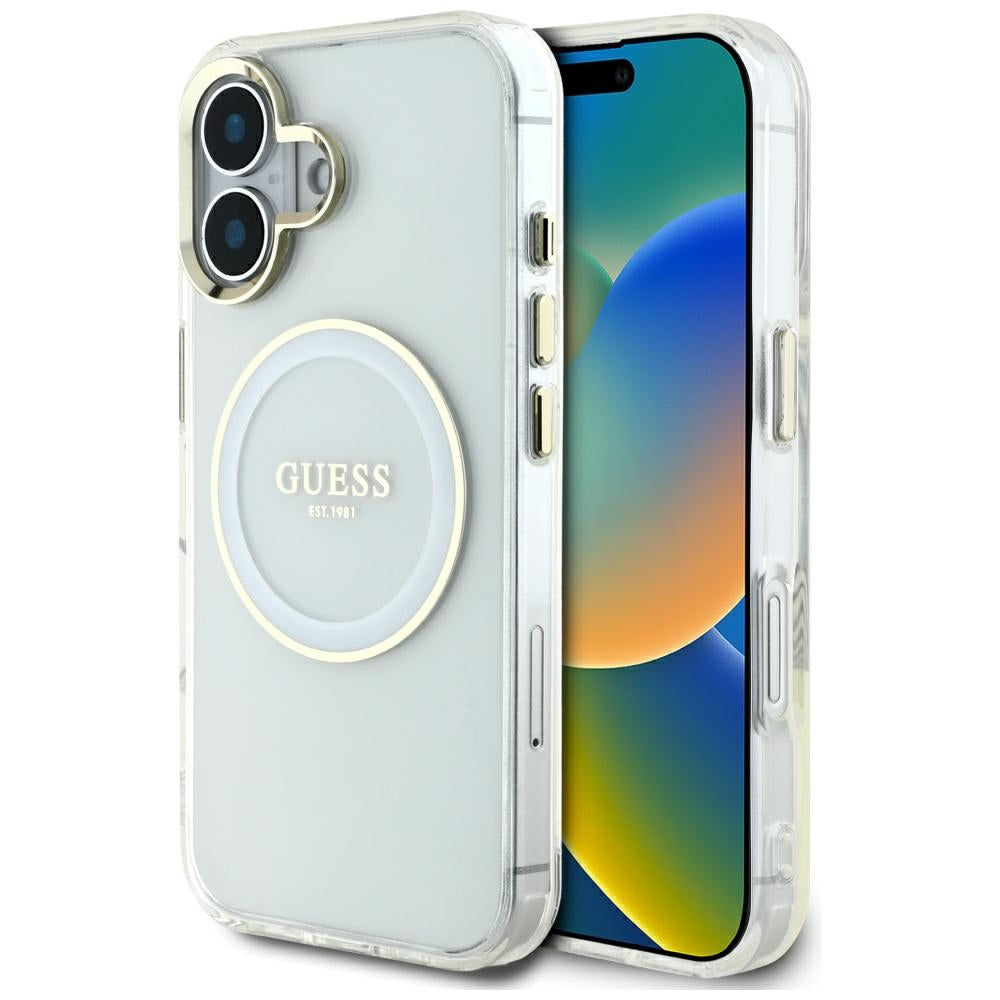 MagSafe ovitek za Apple iPhone 16, Guess, IML Metal Colored Circle, Bela