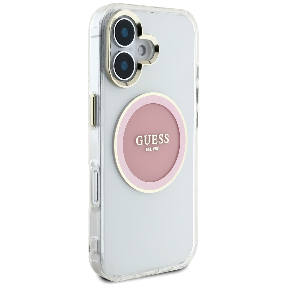 Ovitek MagSafe za Apple iPhone 16, Guess, IML Metal Colored Circle, Roza
