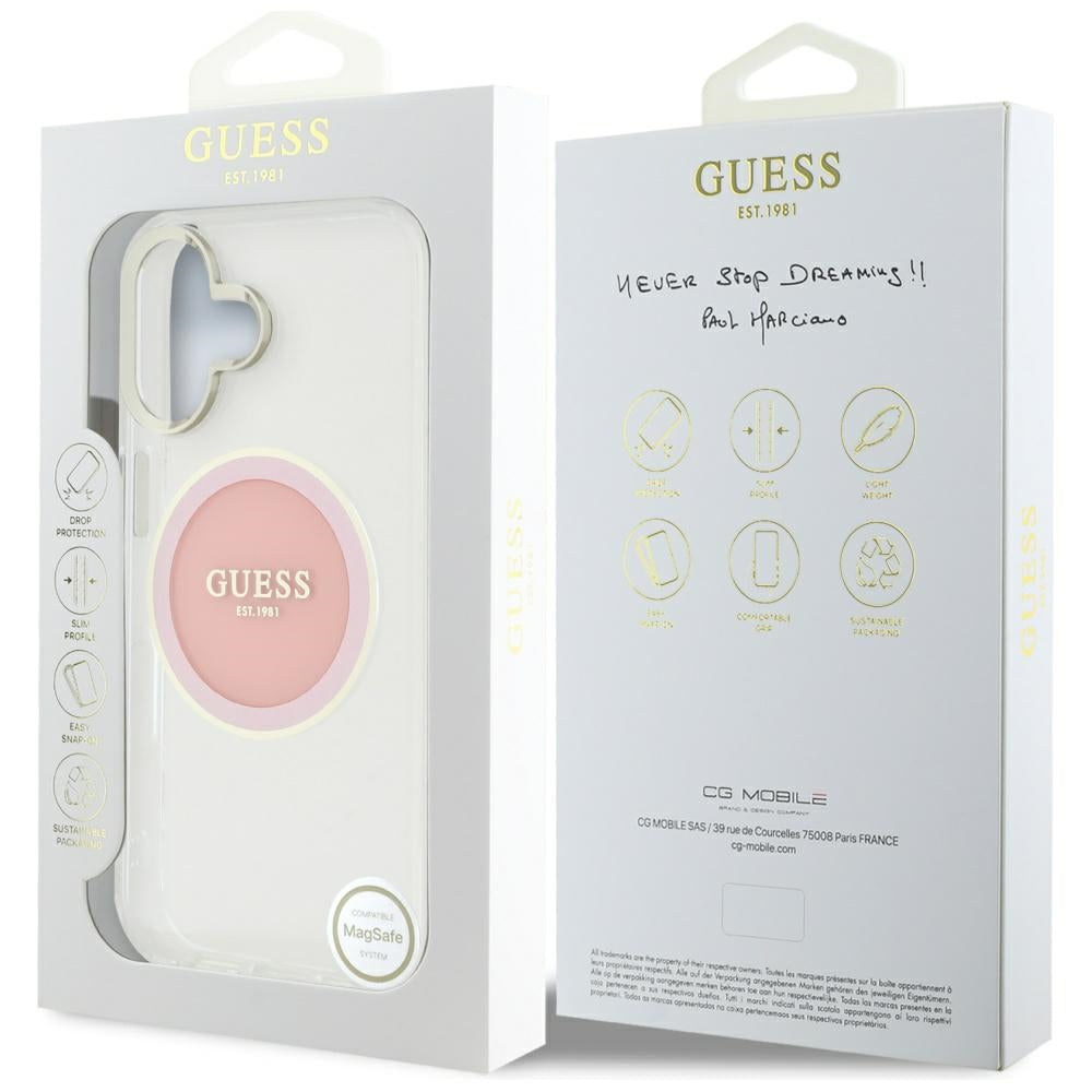 Ovitek MagSafe za Apple iPhone 16, Guess, IML Metal Colored Circle, Roza