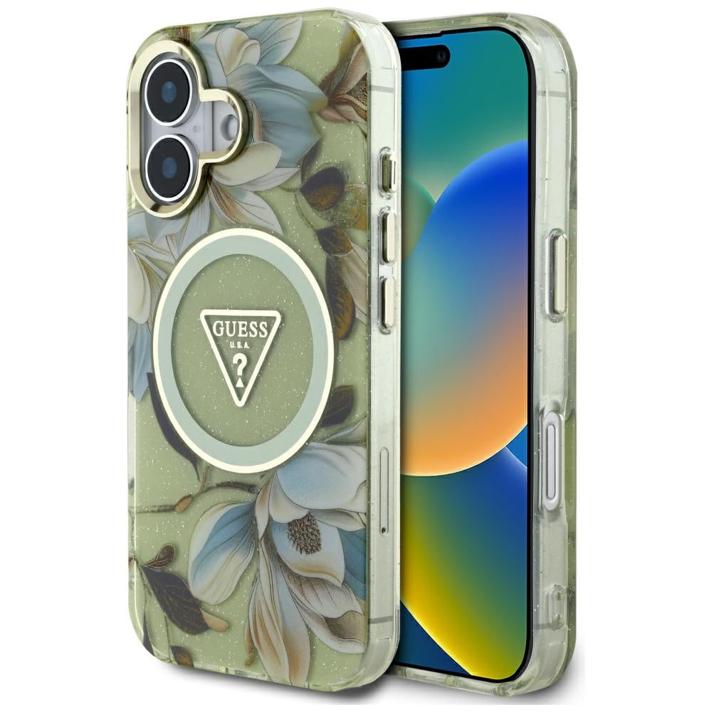 Ovitek MagSafe za Apple iPhone 16, Guess, IML Metal Glitter Flowers Triangle, Zelen