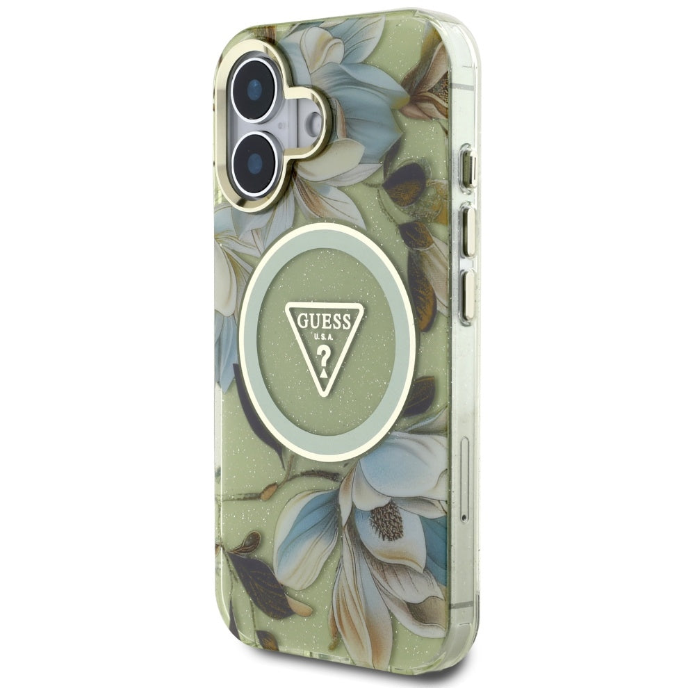 Ovitek MagSafe za Apple iPhone 16, Guess, IML Metal Glitter Flowers Triangle, Zelen