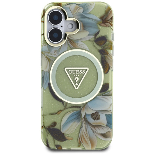 Ovitek MagSafe za Apple iPhone 16, Guess, IML Metal Glitter Flowers Triangle, Zelen