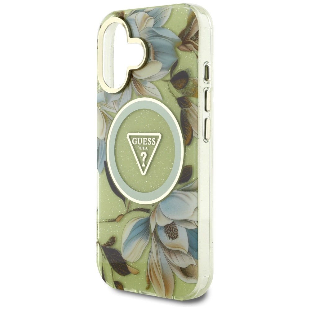 Ovitek MagSafe za Apple iPhone 16, Guess, IML Metal Glitter Flowers Triangle, Zelen
