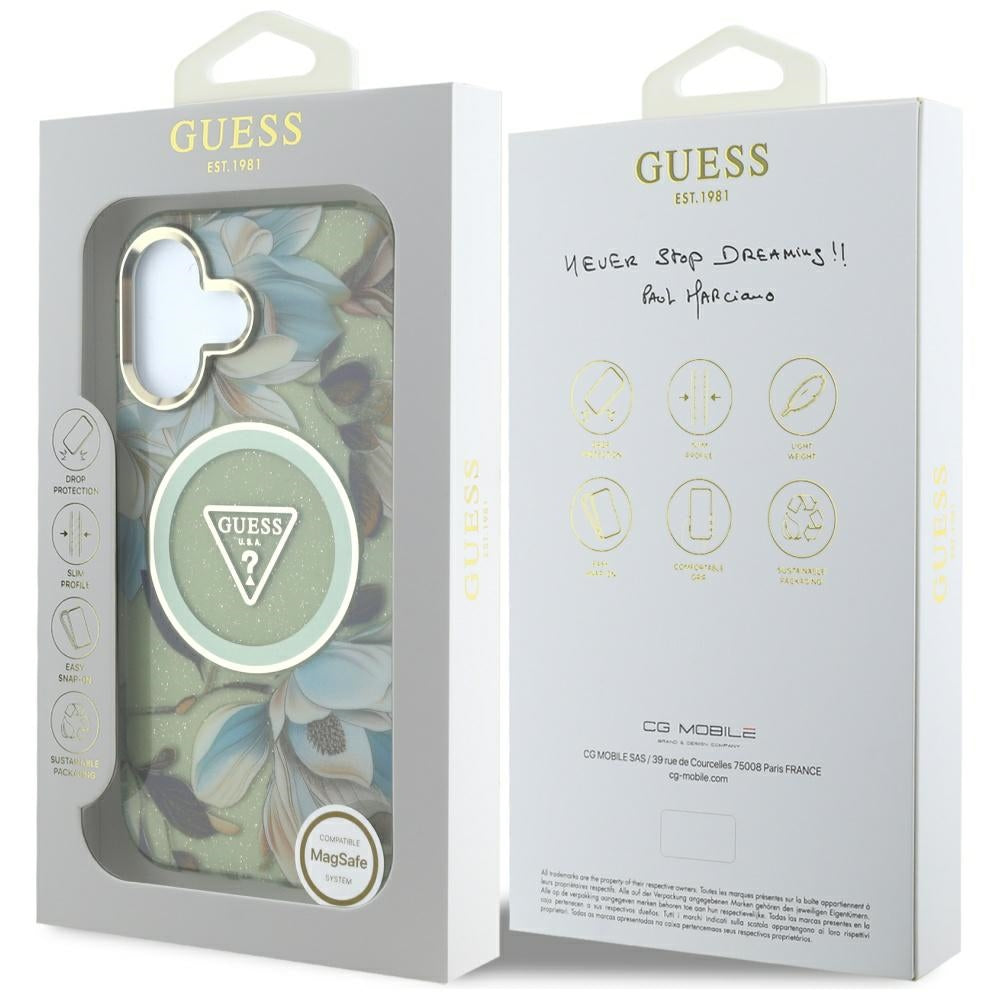 Ovitek MagSafe za Apple iPhone 16, Guess, IML Metal Glitter Flowers Triangle, Zelen