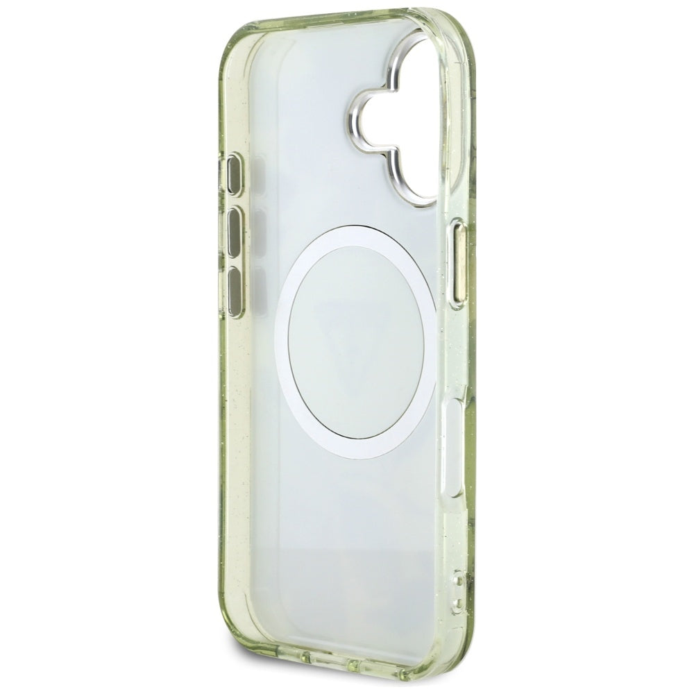 Ovitek MagSafe za Apple iPhone 16, Guess, IML Metal Glitter Flowers Triangle, Zelen