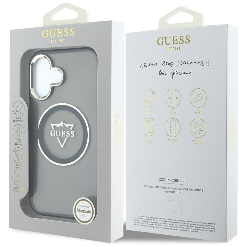 Ovitek MagSafe za Apple iPhone 16, Guess, IML Metal Mountain Logo, črn