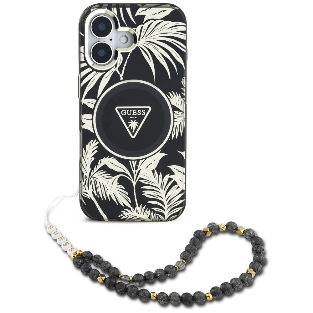 Ovitek MagSafe za Apple iPhone 16, Guess, IML Palm Trees Triangle with Pearl Strap, črn
