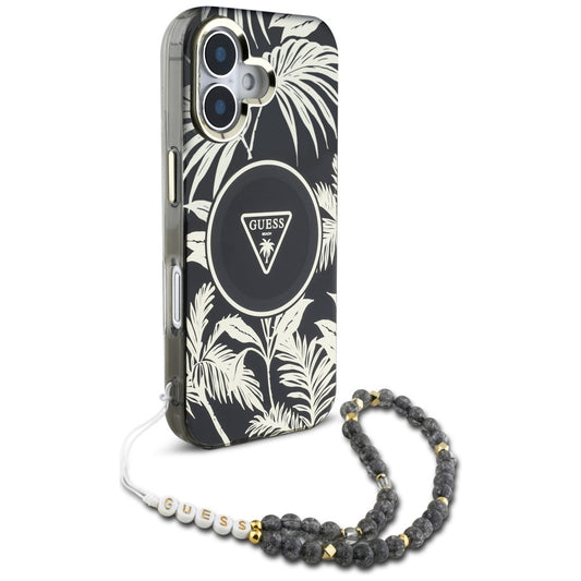 Ovitek MagSafe za Apple iPhone 16, Guess, IML Palm Trees Triangle with Pearl Strap, črn