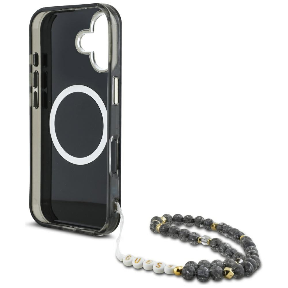 Ovitek MagSafe za Apple iPhone 16, Guess, IML Palm Trees Triangle with Pearl Strap, črn