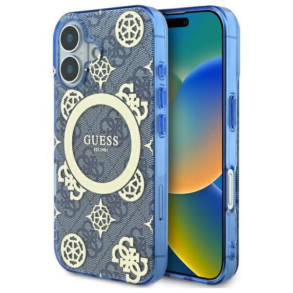MagSafe ovitek za Apple iPhone 16, Guess, IML Peony On 4G Background, Modra