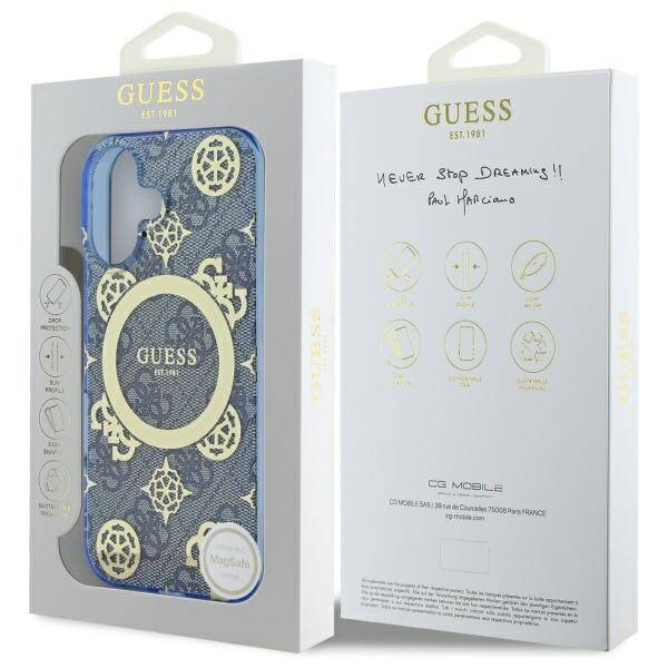 MagSafe ovitek za Apple iPhone 16, Guess, IML Peony On 4G Background, Modra