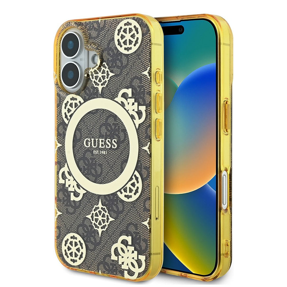 Ovitek MagSafe za Apple iPhone 16, Guess, IML Peony On 4G Background, rjava