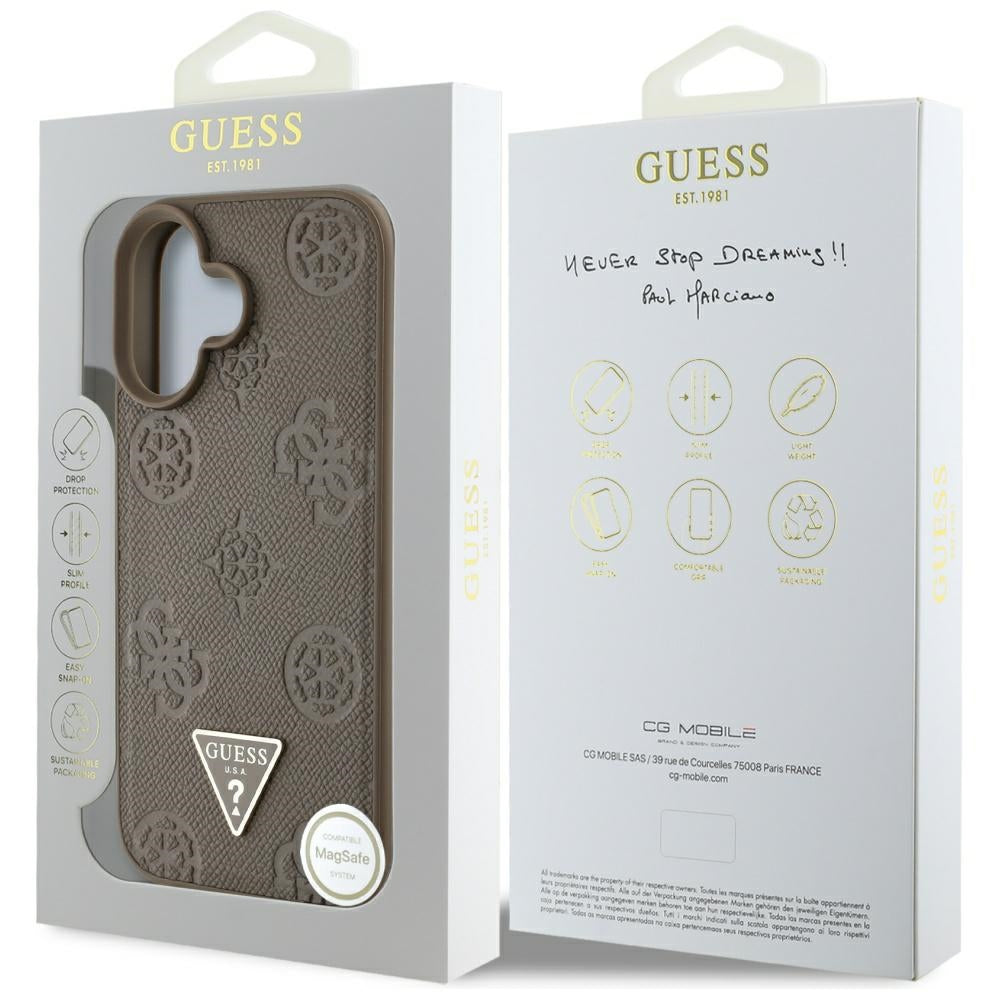 MagSafe Case for Apple iPhone 16, Guess, Peony Grained Hot Stamp Triangle, Brown